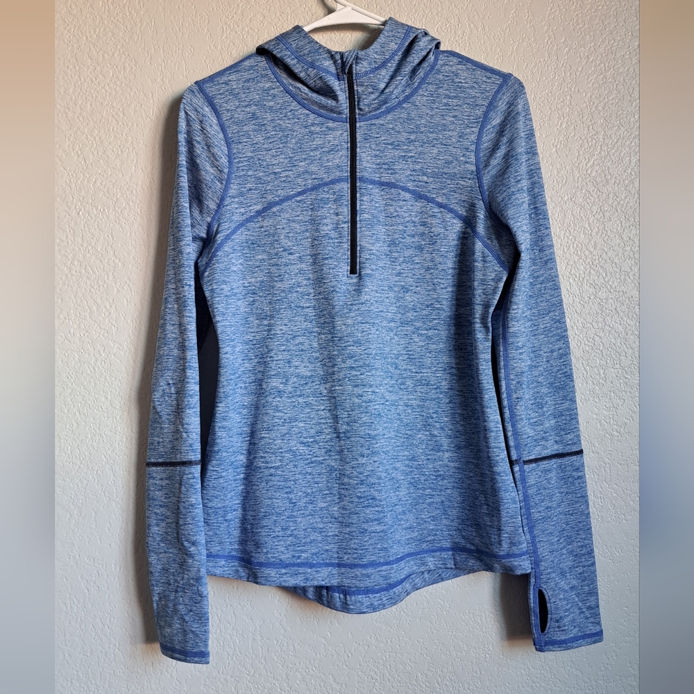 Zella Blue Quarter Sleeve Thumb Hole Activewear Hooded Longsleeve Top Size Small